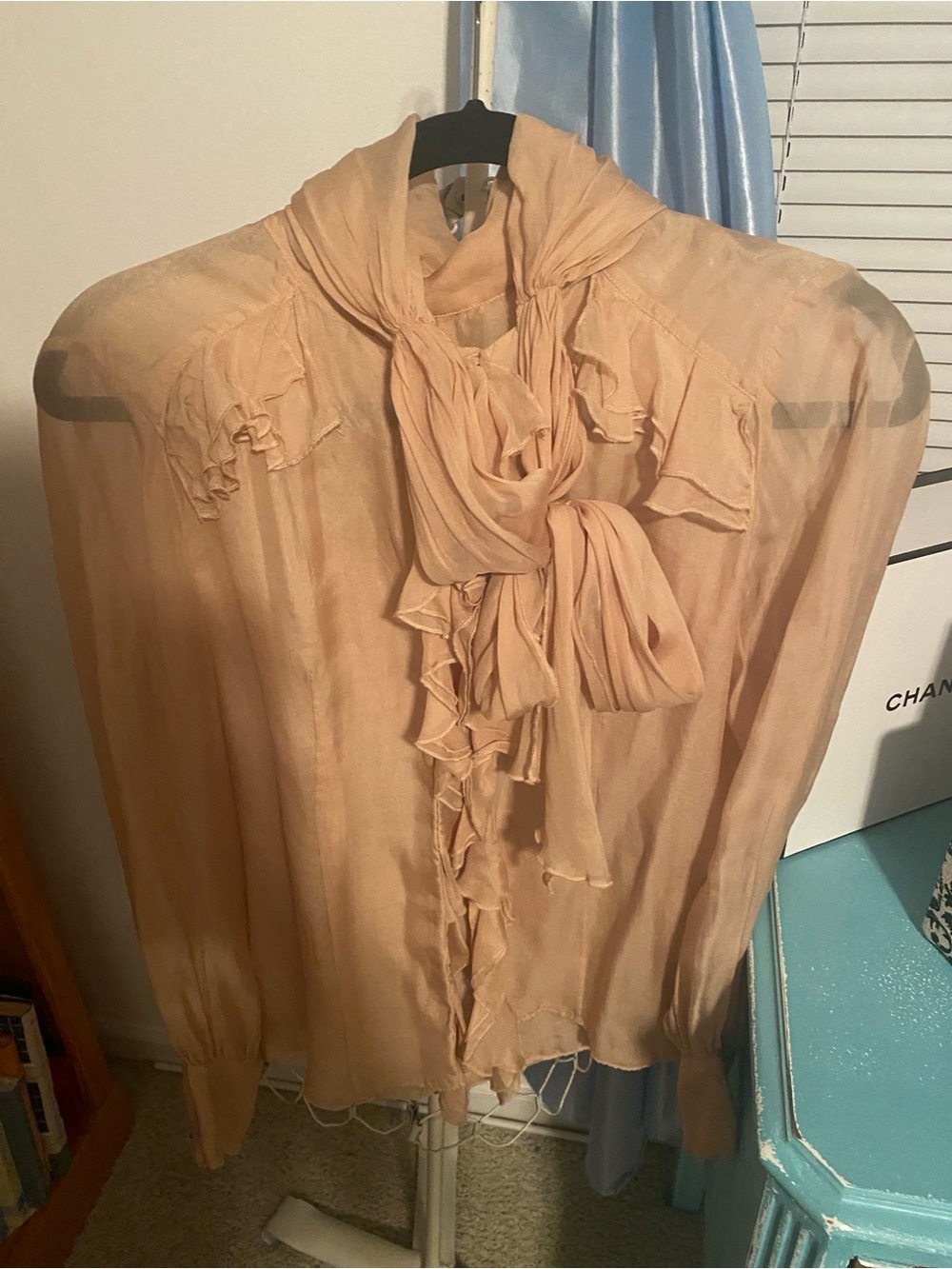 Robert Rodriguez Peach Sheer Ruffle Tie-Neck Blouse